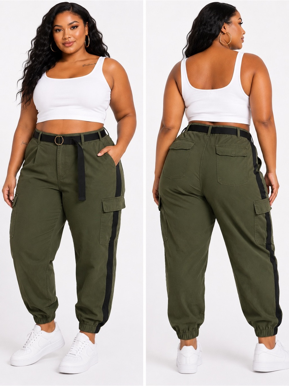 Plus Size Olive Cargo Jogger Pants with Black Side Stripe